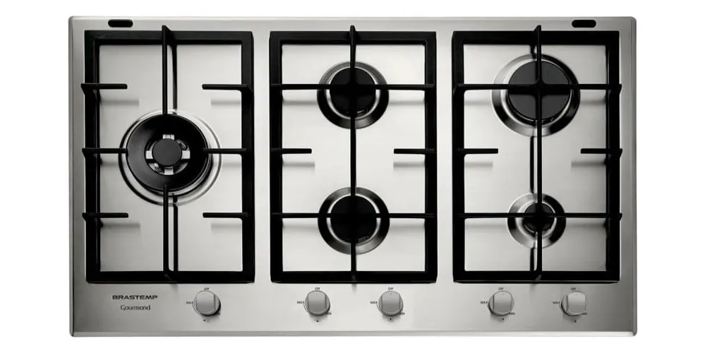 Fogão cooktop inox com 3 trempes de ferro separadas e dupla chama a esquerda