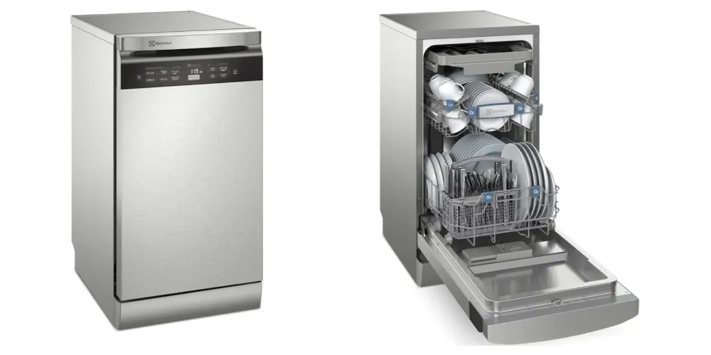 Lava louças 10 serviços estreita e alta com porta e laterais inox e painel digital preto bem largo