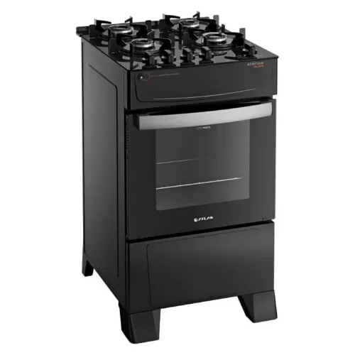 Fogão de 4 chamas pequeno todo preto e mesa de vidro