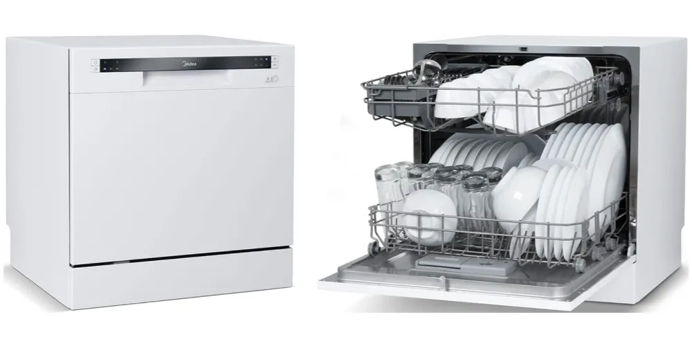 Lava louça 8 serviços quadrada e pequena, branca com pequeno painel digital