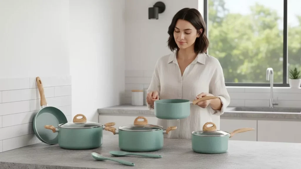 Mulher manuseando jogo de panelas