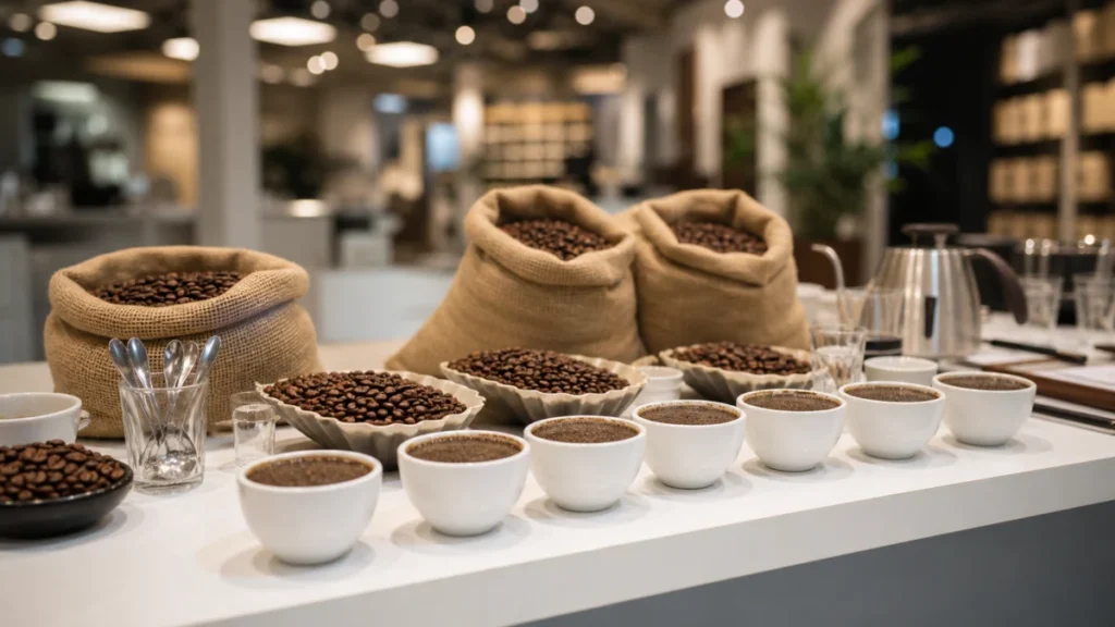 Sacos de café especial em cima de mesa
